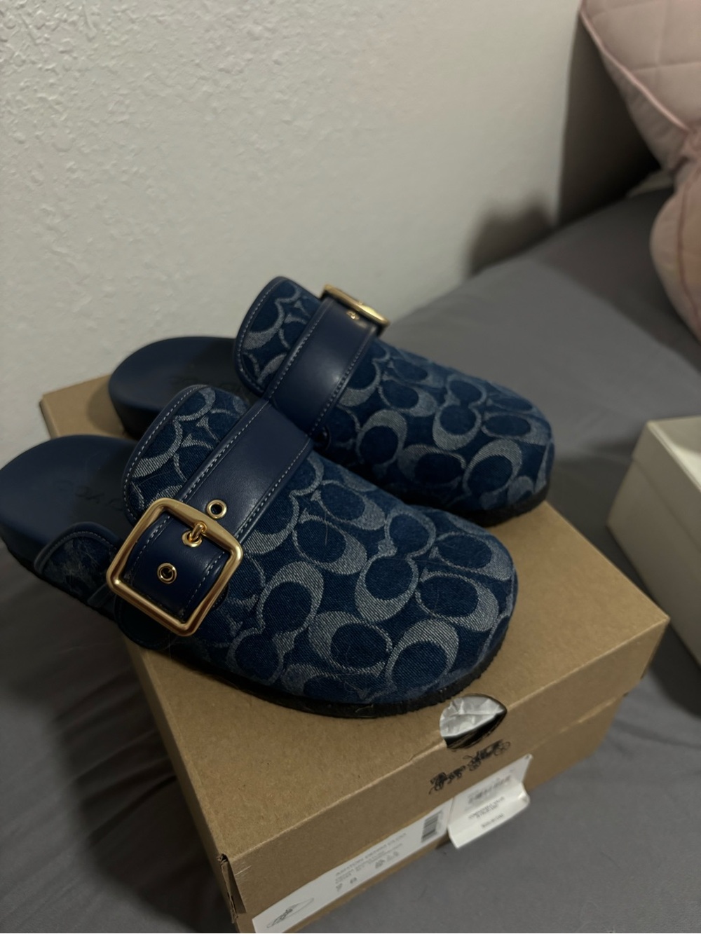 Coach Navy Denim Clog Slides with Gold Buckle